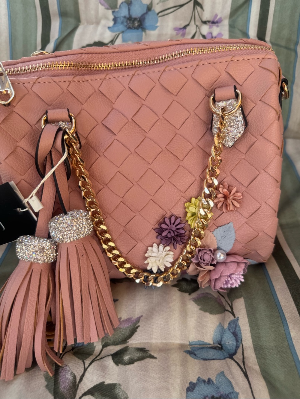 Blush Pink Floral Woven Crossbody Bag with Gold Chain
